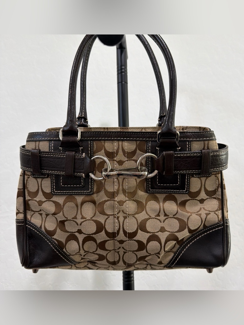 Coach Signature Hampton monogram canvas and leather belted satchel bag